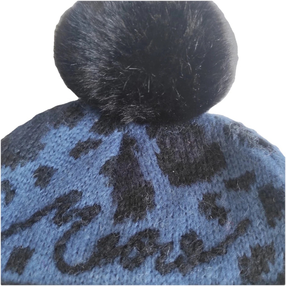 Kate Spade New York Blue Knit Beanie Hat Faux Fur Pom Winter - Picture 2 of 10